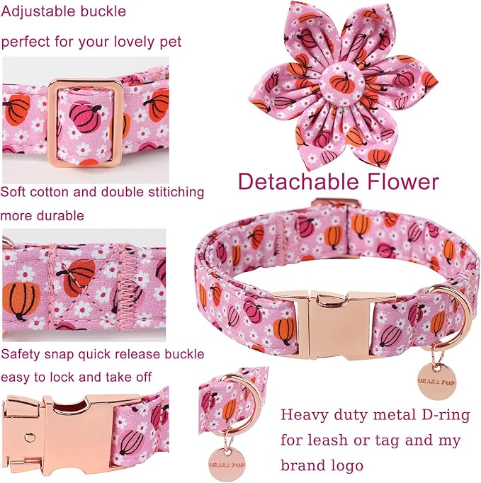 Halloween Pumpkin Dog Collar with Flower, Pink Halloween Puppy Flower Collar with Adjustable Metal Buckle,Fancy Halloween Dog Collar Bowtie Gift for Girl Boy Dog,L