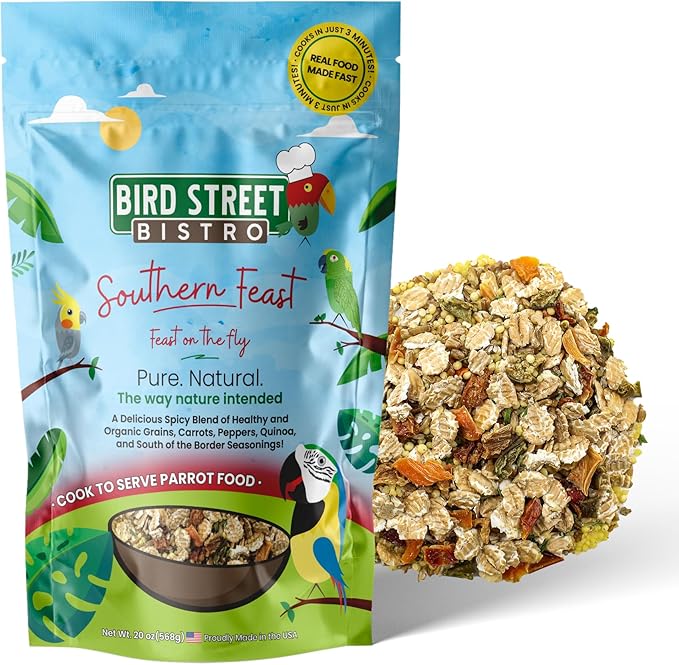 Bird Street Bistro Parrot Food for Parakeets & Cockatiels - Southern Feast - 20 oz - Cooks in 3-15 min, Natural & Organic Grains, Fruits & Vegetables - USA Made