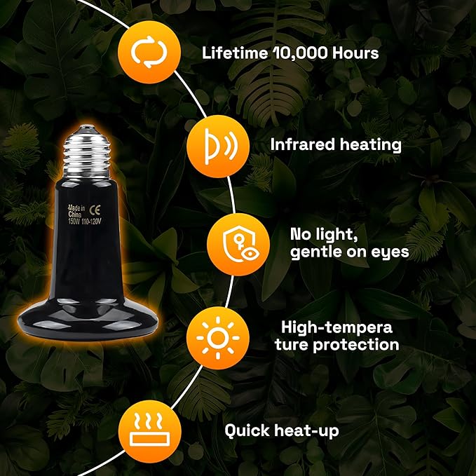 BN-LINK 150W Reptile Heat Lamp 2-Pack, Ceramic Heat Emitter Bulbs, No Light Heat Lamp for Reptiles, Chickens, Lizard, Turtle, Snake