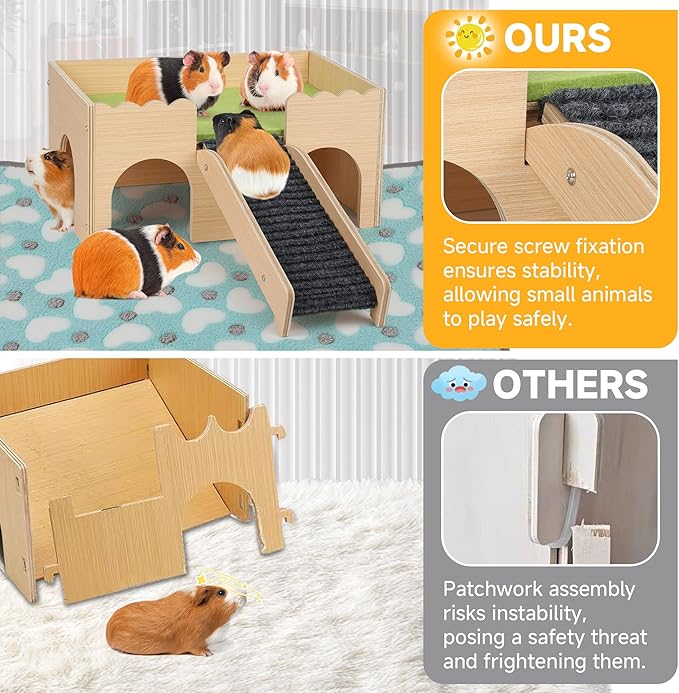 Wooden Guinea Pig Hideout Castle with Stairs,Small Animal Bed Hut Habitats Spacious 2-Level Detachable Small Pet House for Rabbits, Hamsters & Chinchillas Bunny (Green)