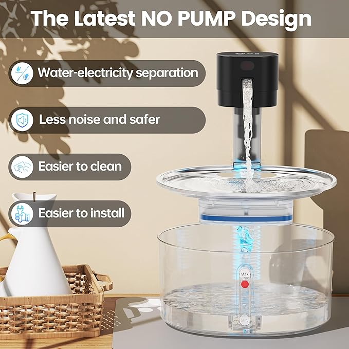 Virtulance No Pump Cat Water Fountain with 3 Filter - 3.2l/108oz Wireless Stainless Steel Pet Water Fountain, Cordless Automatic Dispenser, Battery Operated Fountain with Motion Sensor