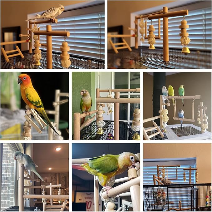 QBLEEV Bird Cage Play Stand Toy Set-Birdcage Wood Stands Hanging Chew Toys Ladder Swing Parrot Perch Play Gym Playground Accessories Activity Center for Conure, Parakeets, Budgie, Cockatiels,Lovebirds