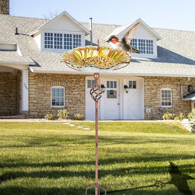 MUMTOP Bird Baths for Outdoors,Outdoor Bird Bath, Glass Birdbath Sunflower Bird Feeders Bowl with Stake for Garden Yard Decor (Yellow)