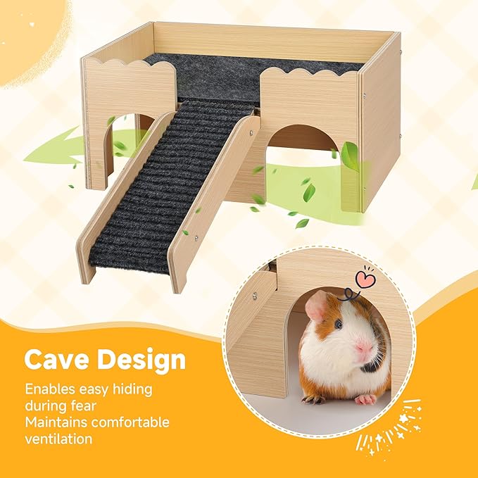 Wooden Guinea Pig Hideout Castle with Stairs,Small Animal Bed Hut Habitats Spacious 2-Level Detachable Small Pet House for Rabbits, Hamsters & Chinchillas Bunny (Grey)