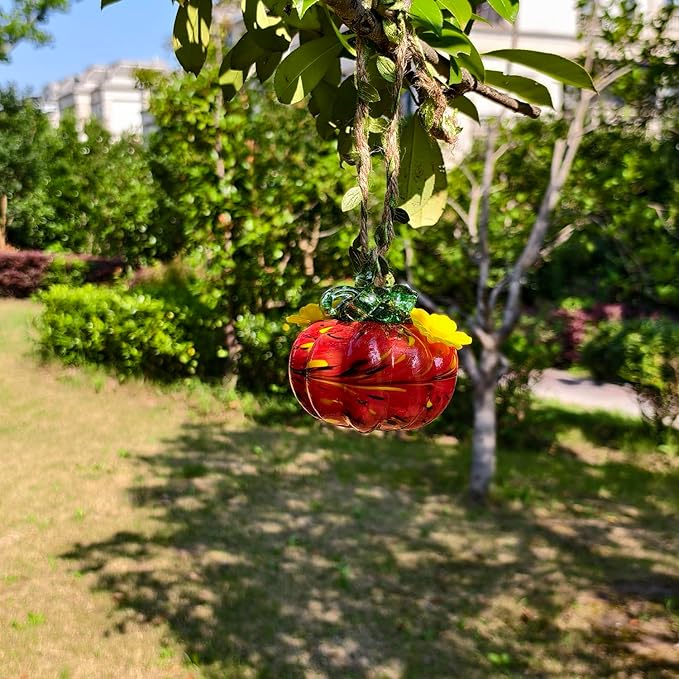 Small Glass Hummingbird Feeders for Outdoors Hanging - 2PC X Red Hand Blown Glass Pumpkin Nectar Feeding, 2 Flowers Feeding Ports, Decor for Garden/Backyard Outside