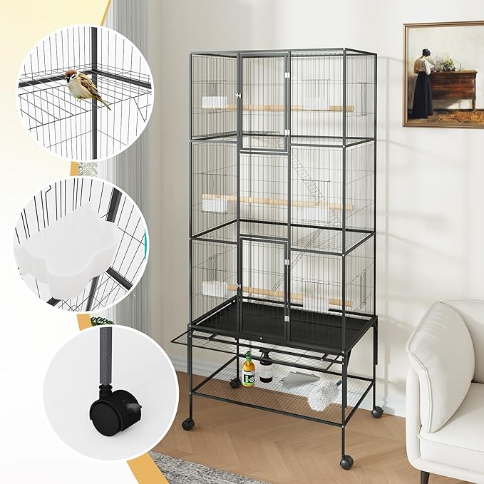 69 Inch Large Bird Flight Cage Rolling Parrot Cage with Storage Shelf for Mid-Sized Birds, Macaw Cockatiels Conures Parakeets Budgie Finch Black