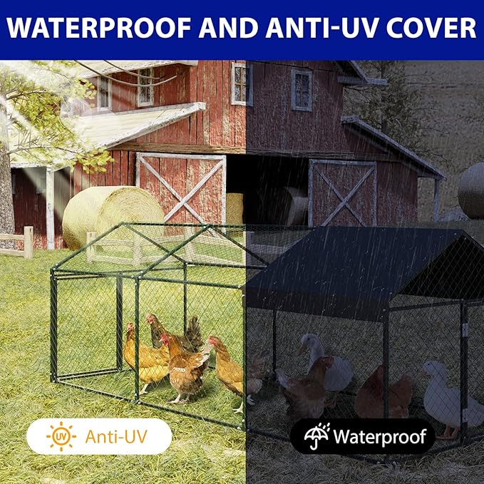 Metal Chicken Coop Run,Outdoor Walk-in Cage Peak Hen House with Waterproof and Anti-Uv Cover,Spire Roof Hen House with Security Lock for Outdoor,Backyard and Farm, 9.8 x 3.3 x 3.3 ft