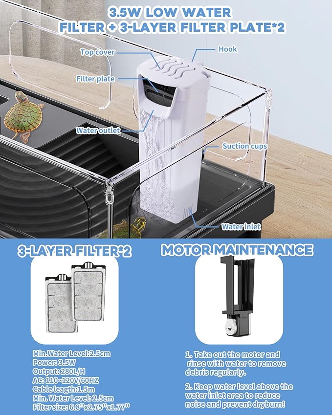 Small Turtle Tank Kit, Acrylic Turtle Tank Starter Kit with Basking Platform, Bottom Drainage, Multi-Function Areas for Turtles, Crabs, Crayfish, Small Reptiles (Black+White)