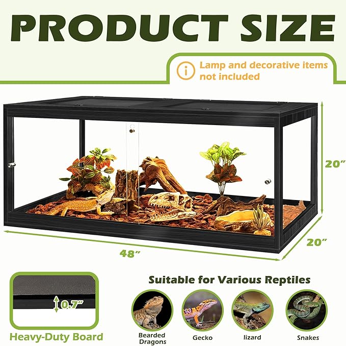 PROLEE Bearded Dragon Tank,81 Gallon Reptile Tank with Meatl Mesh Roof and Front Sliding Door, Lizard Tank,Spacious Reptile Enclosure for Snakes,Lguanas, Chameleons (Black)
