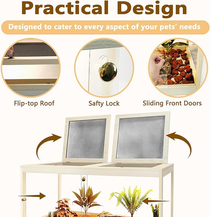 Prolee Reptile Terrarium Tank Up to 78 Gallon, Lizard Tank Bearded Dragon Tank with Metal Mesh Roof Door, Snake Tank with Lock Design (Oak, 60 Gallon Volume, 40 Inch Length)