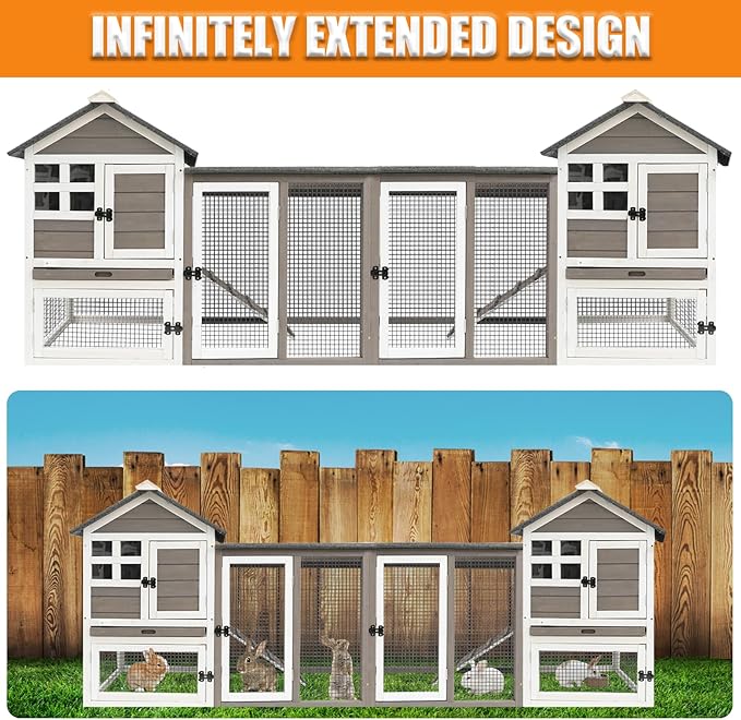 PetsCosset Rabbit Hutch Indoor Outdoor Rabbit Cages with Pull Out Tray Large Bunny Hutch Indoor Guinea Pig Cages Waterproof Asphalt Roof
