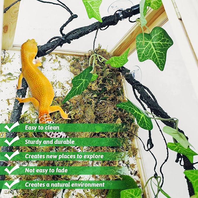 PINVNBY Reptile Corner Branch,2 PCS Flexible Jungle Climbing Vine with Suction Cup Terrarium Plant Decoration for Amphibian Dragons, Snake,Frogs, Chameleons（Green）