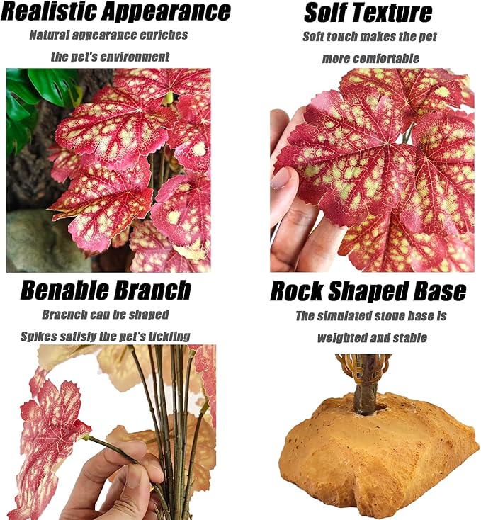 Woyrise Reptile Artificial Plants for Terrarium Decor, Amphibian Habitat Decorations Bearded Dragon Tank Accessories fit Crested Gecko Leopard Lizard Chameleon Snake Frog - Fake Pink Heuchera