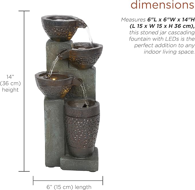 Alpine Corporation TZL412 14" Stoned Jar Cascading Water Fountain with LED Lights – Elegant Tabletop Water Feature for Home, Office, Living Room, Bedroom, and Desk Décor, Gray
