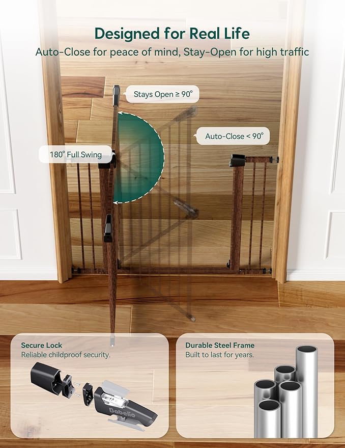 Mom's Choice Award Winner-BABELIO 26-40" Metal Baby Gate with Black Wood Pattern, PressGuard C5 Easy Install Pressure Mounted Dog Gate for Stairs and Doorways, with Wall Protectors and Extension Kits