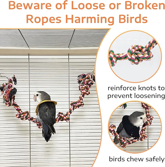 Bird Rope Perch & Swing Toy, Sturdy Knotted Parrot Cotton Rope with Chains, Parakeet Swing Perch Bird Cage Accessories Toy, No Sharp Wires for Budgie Cockatiel Safe Claw and Balance Training