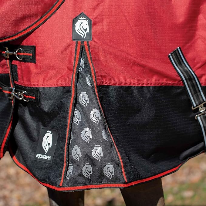 Equinavia Norse Lightweight 100g Fill Horse Rain Blanket | Waterproof Turnout Sheet - Black - 66 in - Equestrian Red - 69 in
