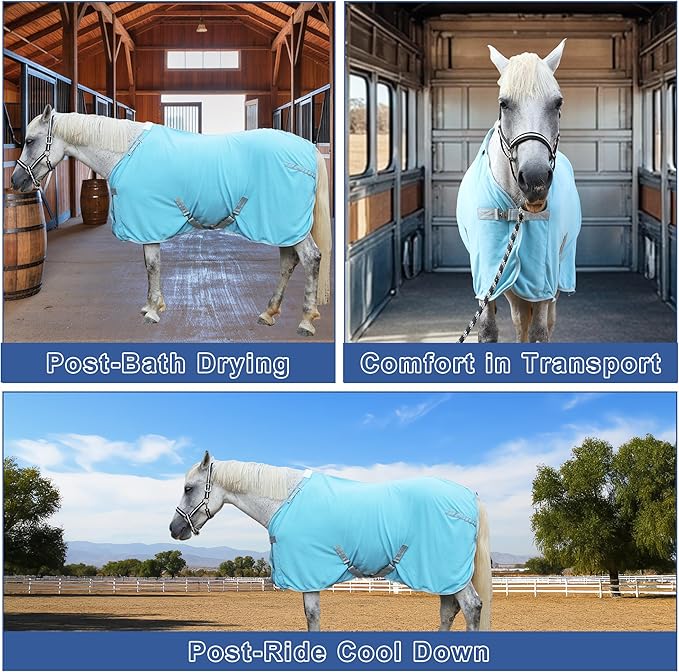 Horse Fleece Cooler, Blanket Liner - 300g Anti-Pilling Fleece, Moisture-Wicking, Cooling & Drying for Post-Workout, Bath & Travel, Prevent Overheating & Chilling Lightblue 69