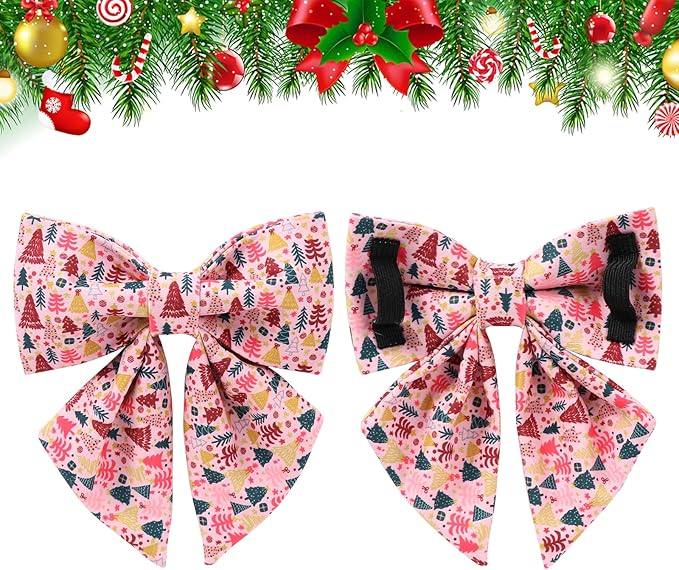 Christmas Dog Collar with Bow Tie, Pink Christmas Tree Collars for Dogs, Adjustable Pet Collar with Cute Xmas Tree Pendant, Winter Dog Accessories for Small Medium Large Dogs XS