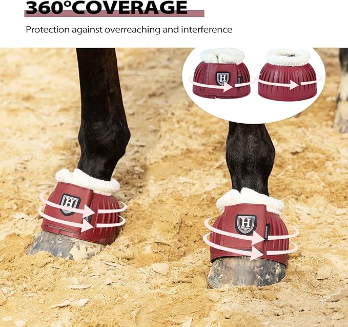 Harrison Howard Rubber Pull-on Bell Boots with Fleece Lining and Extra-Large Leather Touch-Close Tape Hoof Overreach Protection for Horses Sold in Pairs Wine Red XL