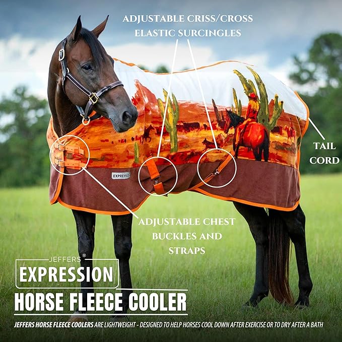 Jeffers Expression Fleece Cooler for Horses, Standard Neck, Cattle Drive 69"- Equine Towel Blanket, Moisture Absorbent, Light Weight, Best for Drying, Exercise, Bathing, Adjustable Belly Bands