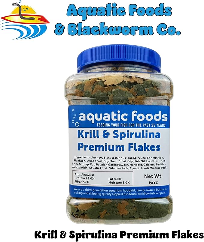 Aquatic Foods Inc. Premium Krill & Spirulina Flakes for Cichlids, Discus, Angels, Tetras, Guppies, Koi, Goldfish, All Tropical Fish Also Pellet Mix, Wafer Mix Included…6oz Jar