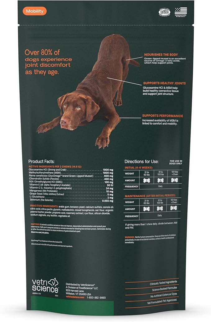 VetriScience Ultimate Strength Healthy Hip & Joint Chews, GlycoFlex Glucosamine, Chondroitin & Green Lipped Mussel Joint Support Supplement for Dogs, Soothe Joint Discomfort, Peanut Butter, 120 Ct