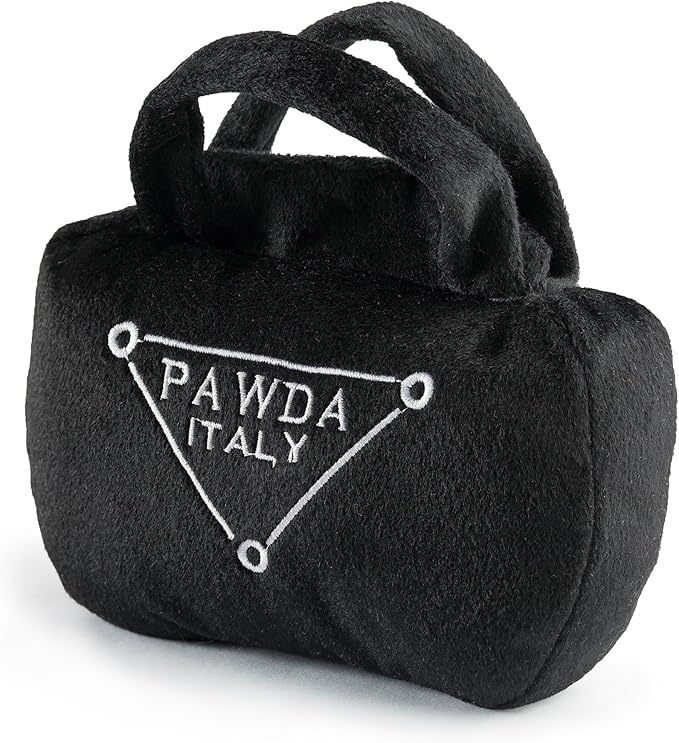Haute Diggity Dog Pawda Handbag, Plush Designer Dog Toys with Interactive Squeaker, Stimulating Pet Enrichment - Dog Birthday Toy - Machine-Washable & Safe Materials for All Breeds, Size Small