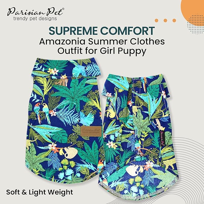 Parisian Pet Unisex Amazonia Shirt - Leafy Beach Outfit for Dogs - Cotton Summer Clothes - Stylish Hook and Loop Closure Costume - Machine Washable Shirts for Large Dogs - L
