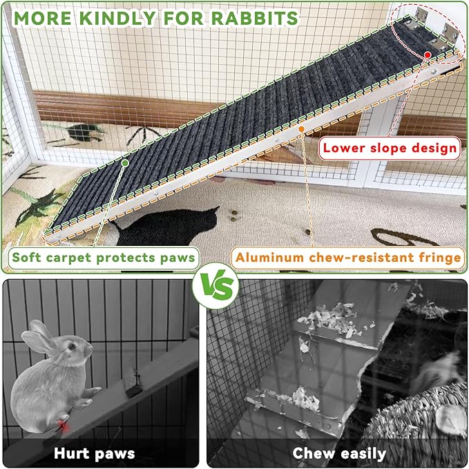 Rabbit Hutch Bunny Cage Indoor/Outdoor, Small Chicken Coop, with Metal Mesh Floor & Removable Tray, Secure Sliding Door, Chew-Resistant Rug Ramp