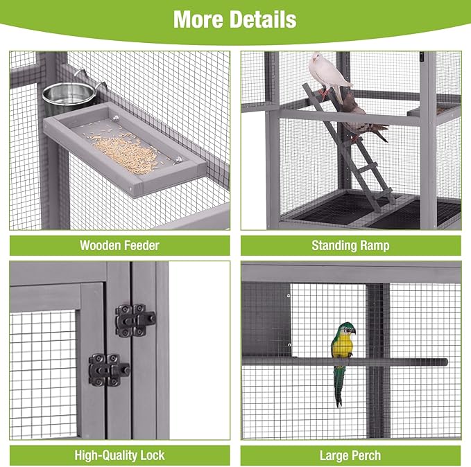 GUTINNEEN Bird Cage Outdoor Wooden Aviary Indoor, 70" H Large Parrot Cage with 4 Casters, Flight Bird Cages for Parrot Lovebirds Finches(Grey)