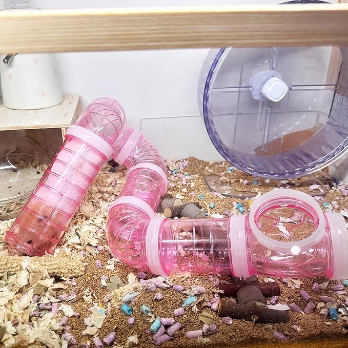 8PCS Hamster Tunnel Tube DIY Assorted Toy Transparent Adventure Pipe Playground Excercise Set for Mouse Syrian Hamster Gerbil (Pink)