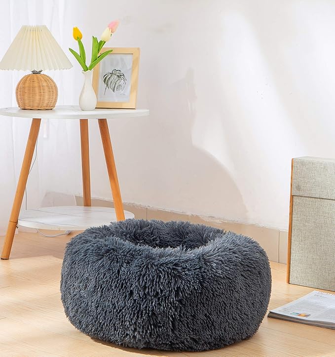 Donut Bed Medium Size Dog, Calming Soft Round Cuddler Dog Beds Fluffy Plush Faux Fur Pet Beds (24", Dark Grey)