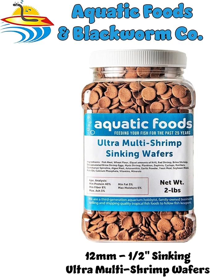 Aquatic Foods Inc. Ultra Multi-Shrimp 12-1/2" Small Sinking Wafers for Bottom Fish, Shrimp, Snails, Crabs, Crayfish, All Tropical Fish...2-lb Med Jar
