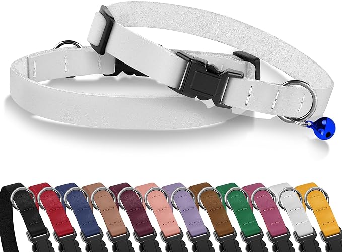 Breakaway Cat Collar with Bell - Leather Adjustable Kitten Collars with Safety Quick Release Buckle - Soft Small Pet Collars for Girl & Boy Cats (White)