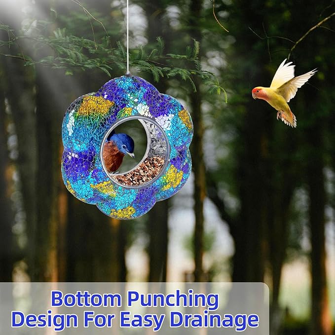 VOREEN Mosaic Bird Feeder, Fly Through Bird Feeders for Outdoor Hanging, Handmade Glass Wild Bird Feeder, for Garden Yard Backyard Deck and Porch, Gift for Mom Wife Friend, Blue Flower, 8"