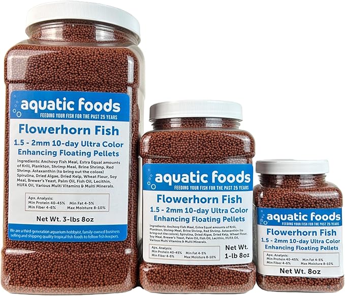 Aquatic Foods Inc. Flowerhorn Fish Ultra Red Color Enhancing 1.5mm-2mm Floating Pellets. Color Enhancing in 10-Days for Baby, Juvenile and Adult Flowerhorn…8oz Small Jar