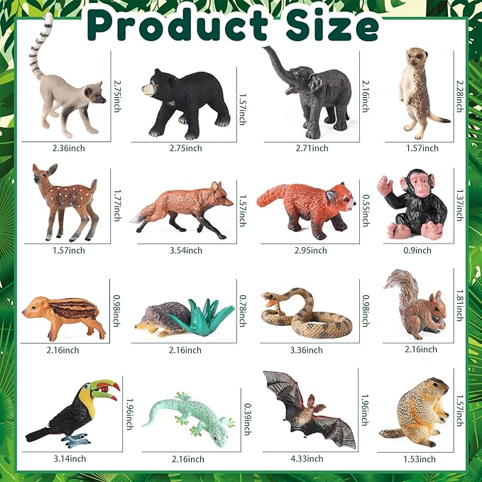 EOIVSH 16pcs Forest Animal Figures, Plastic Jungle Wild Animal Toys Figurines, Toy Figures & Playset Gift for 3 4 5 6 7 Boys Girls, Cake Topper
