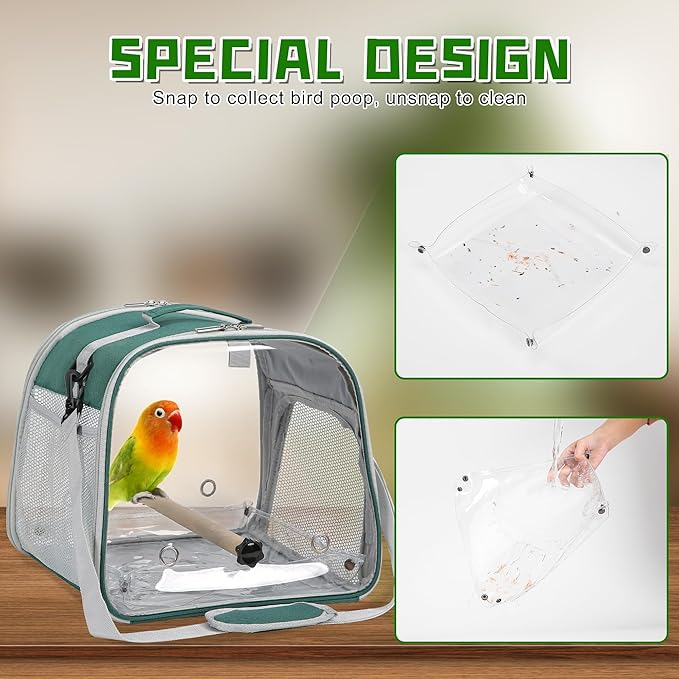 Suertree Small Bird Carrier, Large Window Travel Cage with Stand and Easy Clean Tray for Parrot Parakeet Cockatiels, Lightweight and Portable, Green