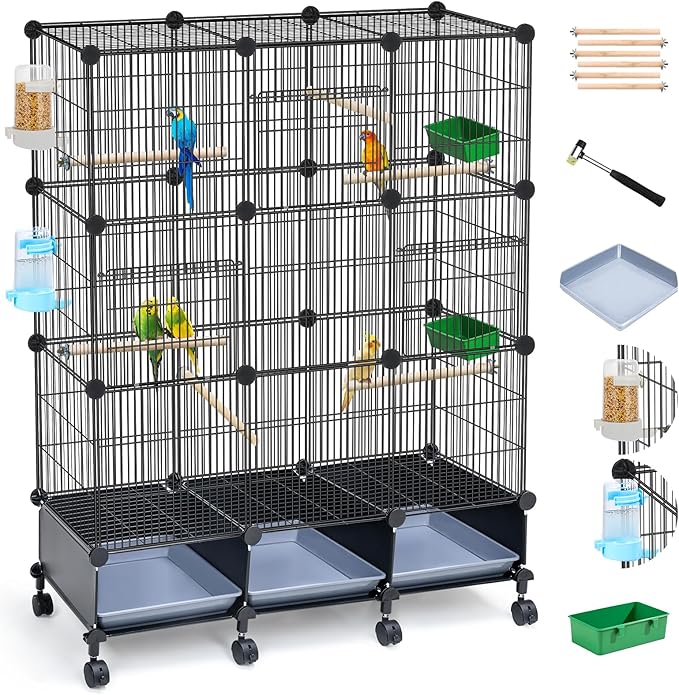 Encrypted Bird Cage (46" x 36" x 12"), with Wooden Perches, Metal Parakeet Cage with Slide-Out Tray, Water Bottle&Feeder, Bird Cages for Parrot,Parakeets,Cockatiel,Small Mid-Sized Birds