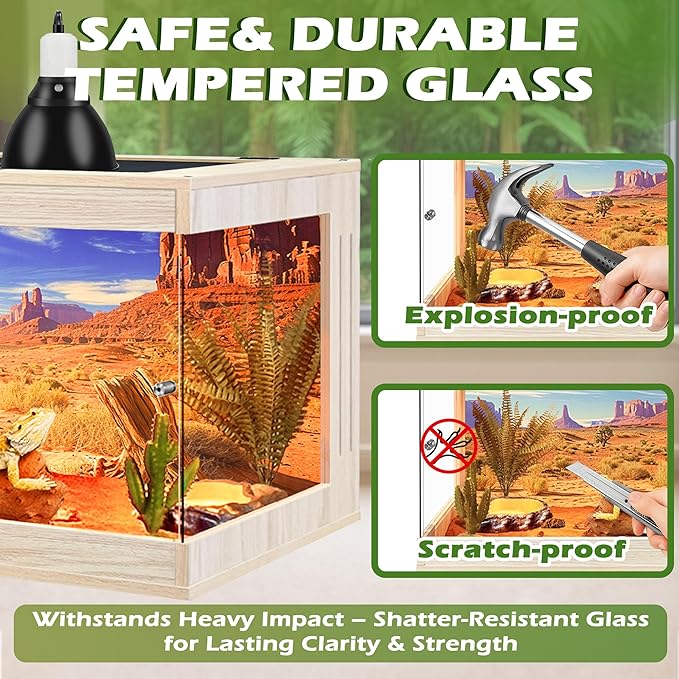Royxen Bearded Dragon Tank, Tempered Glass Reptile Terrarium with Metal Mesh Top, 3-Side Clear Anti-Scratch Glass Lizard Tank for Reptile Habitat, Oak,60 Gallons