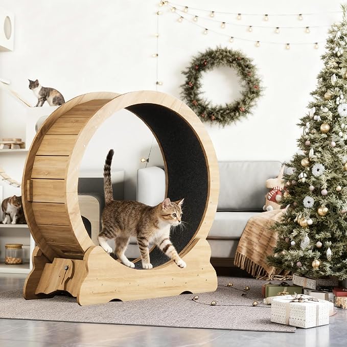 Cat Wheel, 35.4 Inch Cat Exercise Wheel for Indoor Cats Treadmill with Detachable Carpet and Teaser, for Running Walking Training, Natural Wood