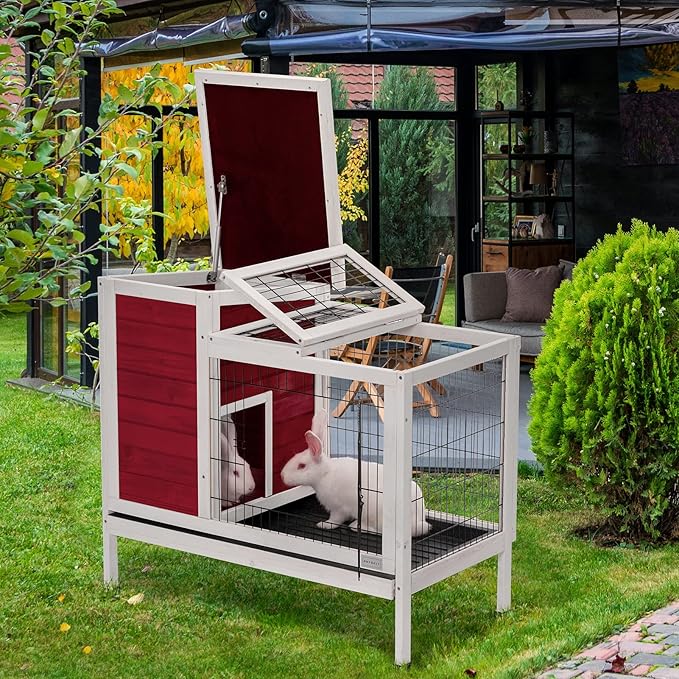 Petsfit Rabbit Hutch Indoor Guinea Pig Cages Bunny Cage with Pull Out Tray, Bunny Guinea Pig Cage Hutch Outdoor,red…