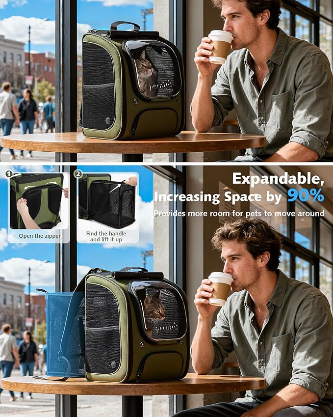 Pecute Cat Backpack Carrier Expandable, Large Space Cat Bubble Backpack, Breathable Cat Carrier, Shaded Dog Backpack Carrier for Travel, Hiking, Suitable for Shopping, and Vet, Green