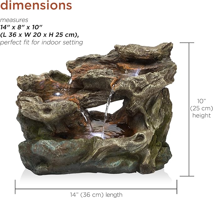 Alpine Corporation WIN1334 10" Tall Tabletop 3-Tier Waterfall Rock Fountain with LED Lights, Indoor Decorative Water Feature for Desk, Table, Office, and Home, Brown