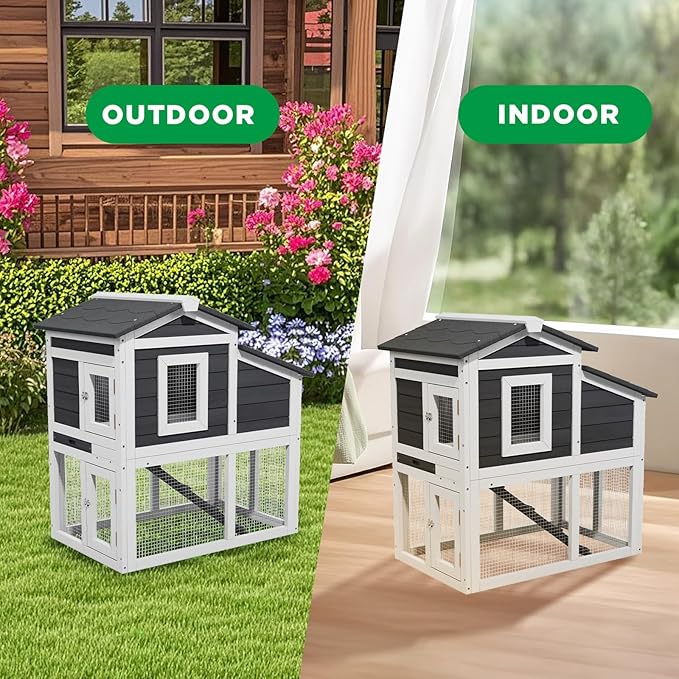 Bunny Cage Premium Rabbit Hutch with Leak-Proof Roof, 2-Story Bunny House for Guinea Pigs & Hamster,Wooden Chicken House with Deep Pull-Out Tray, Waterproof Chicken Coop for Outside