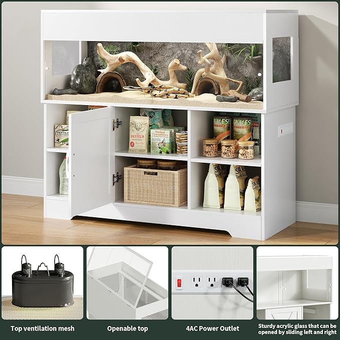 60 Gallon Reptile Tank with Stand, Terrarium Tank with Storage Cabinet, for Lizards, Skinks, Snakes, Sliding Acrylic Doors, Mesh Top, Built-in Power Outlet White PX02RTW