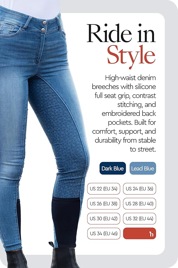 HORZE Kaia Womens Denim Horse Riding Pants | High Waist Silicone Full Seat Breeches | Accurate Size Chart