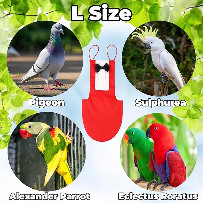 Bird Diapers with Bow Bird Harness Tuxedo Flight Suits with 80in Flying Leash Parrot Nappy with Waterproof Inner Layer Urine Wet Suite for Cockatiel Conure Parakeet Macaw Budgie-Red,L
