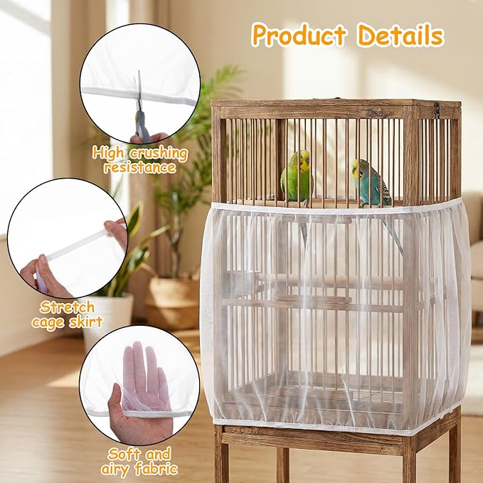 Bird Cage Seed Catcher, Adjustable White Bird Cage Net Birdcage Cover Skirt Nylon Mesh Netting, Stretchy Birds Cages Guard for Parrot Parakeet Macaw African Any Cages Cover